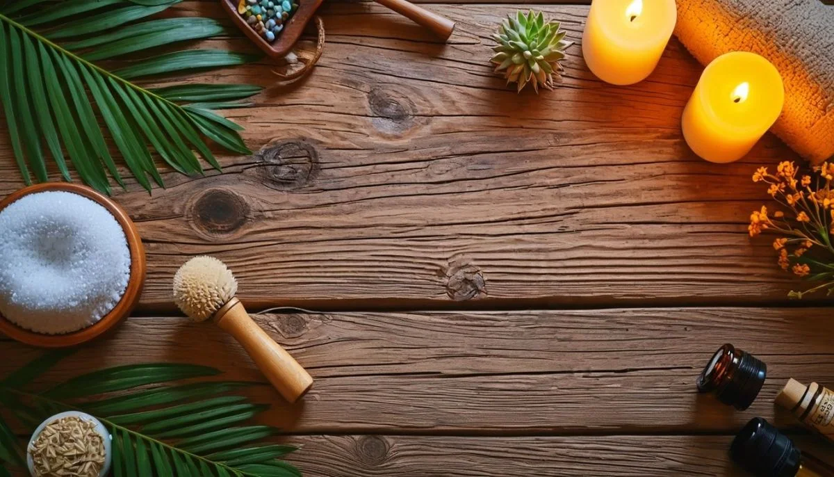 An assortment of scalp massage tools and essential oils in a spa. An assortment of scalp massage tools and essential oils in a spa.