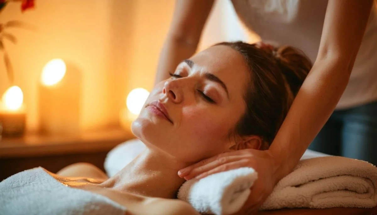 A woman in her thirties enjoying a relaxing scalp massage at home. A woman in her thirties enjoying a relaxing scalp massage at home.